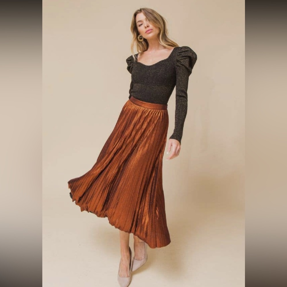Metallic orange or bright rust & black pleated midi skirt with side zipper